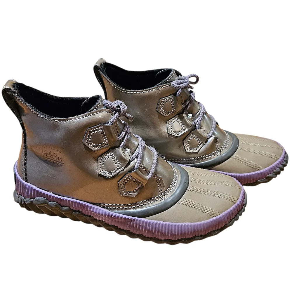 Sorel Girls Waterproof Rain Winter Snow Duck Boots In Tan Lavender & Silver 4